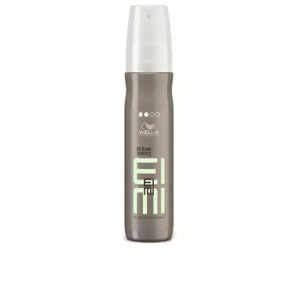 Styling-Spray-Flasche. Graue Flasche mit weißem Sprühkopf. Aufschrift: Wella EIMI Ocean Spritz.