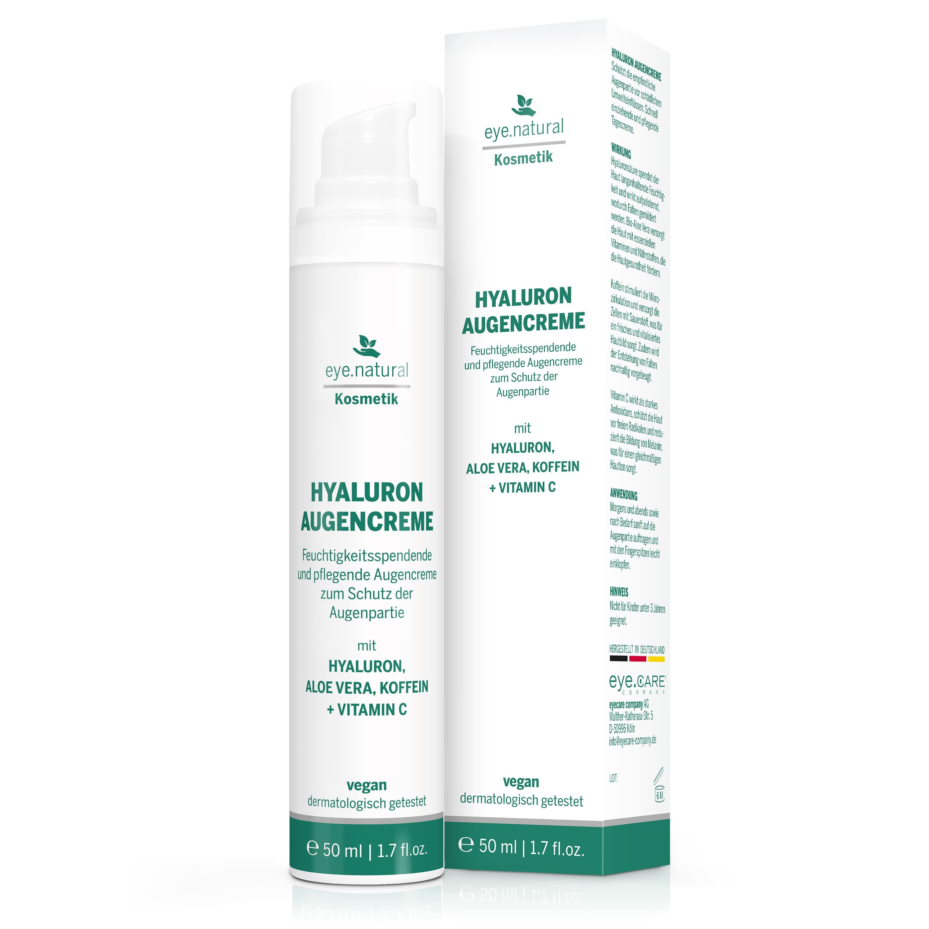 eye.CARE Augencreme, 50 ml, mit Verpackung. Text: Hyaluron, Aloe Vera, Koffein, Vitamin C. Vegan. Dermatologisch getestet.