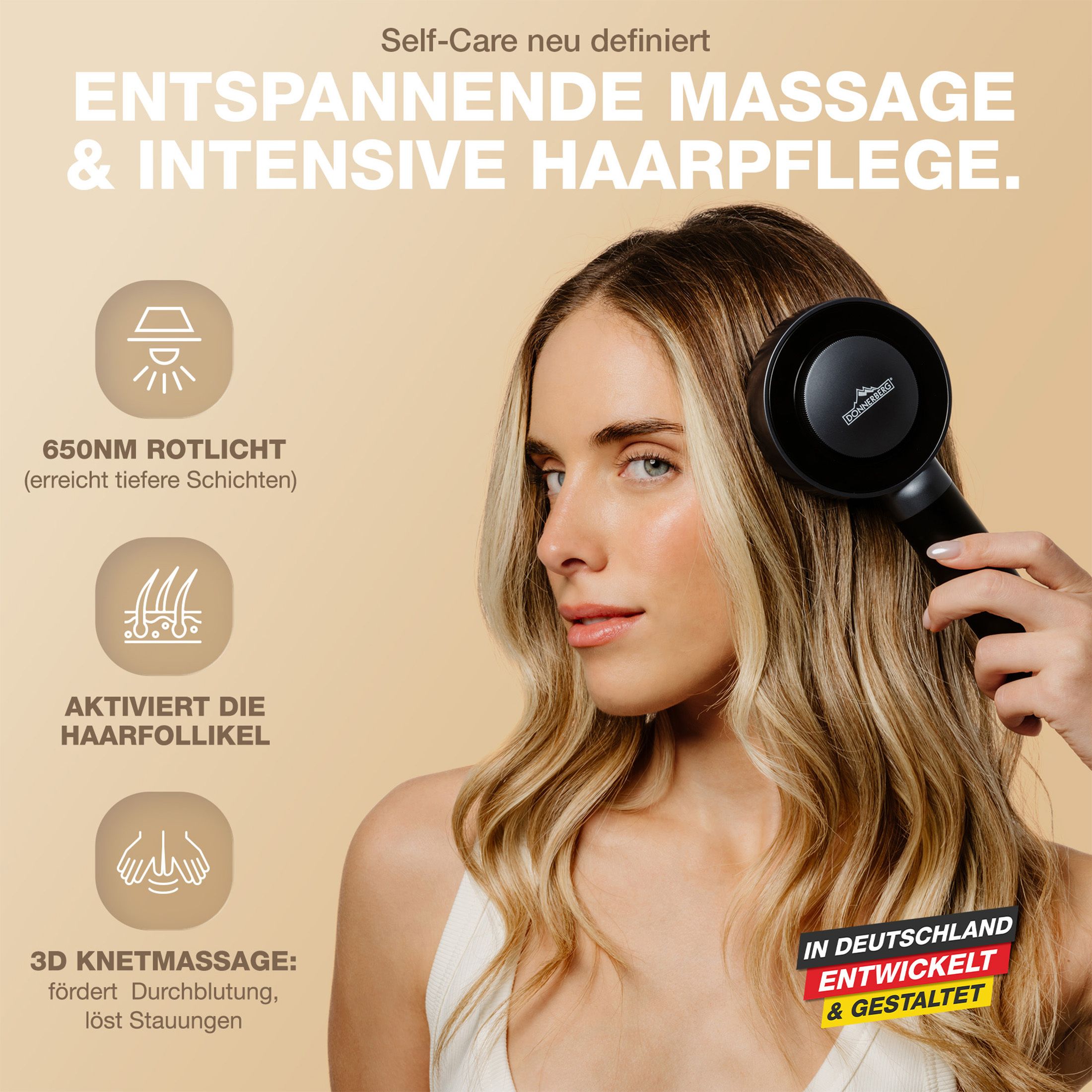 Frau mit Kopfmassagegerät. Text: Entspannende Massage & intensive Haarpflege. 650nm Rotlicht.