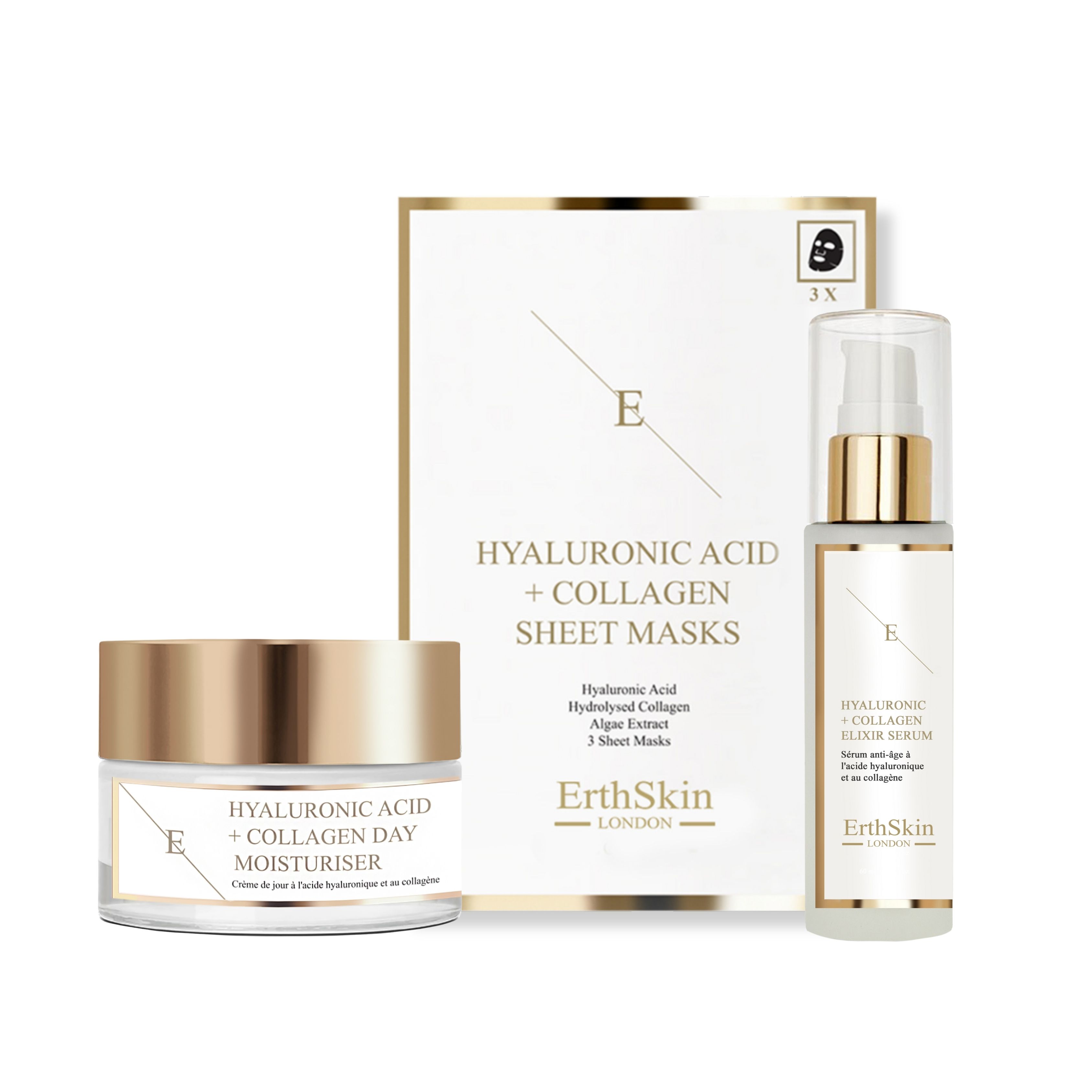 ErthSkin London Tagescreme mit Hyaluronsäure + Serum mit Hyaluronsäure und Kollagen + Maske