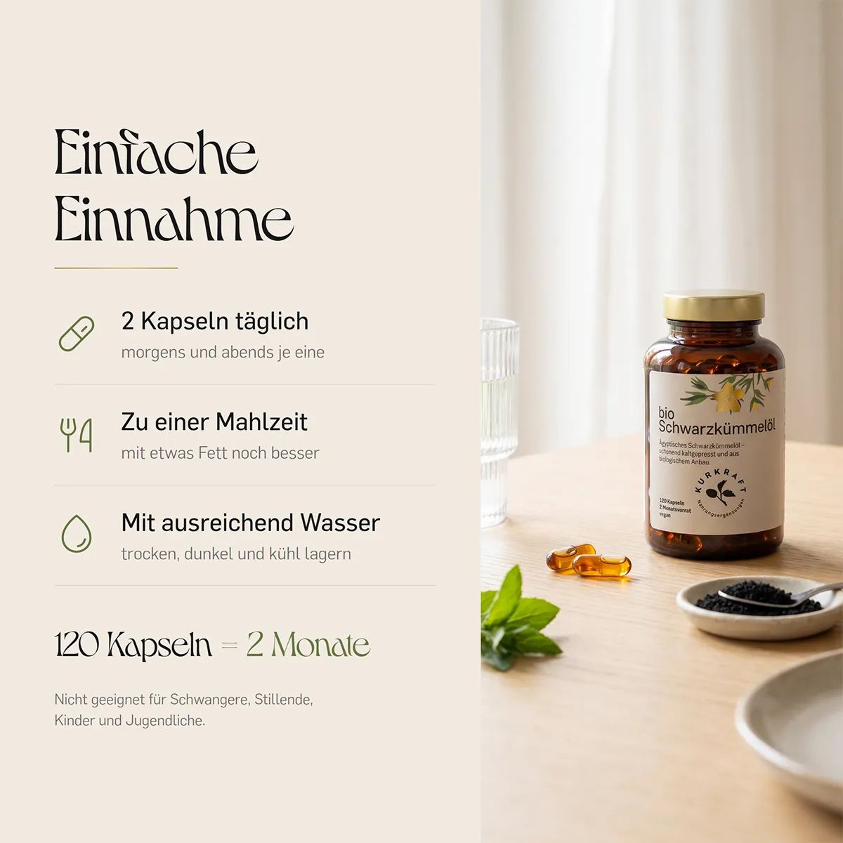 Anleitung zur Einnahme von Schwarzkümmelöl-Kapseln, Flasche und Kapseln sichtbar.