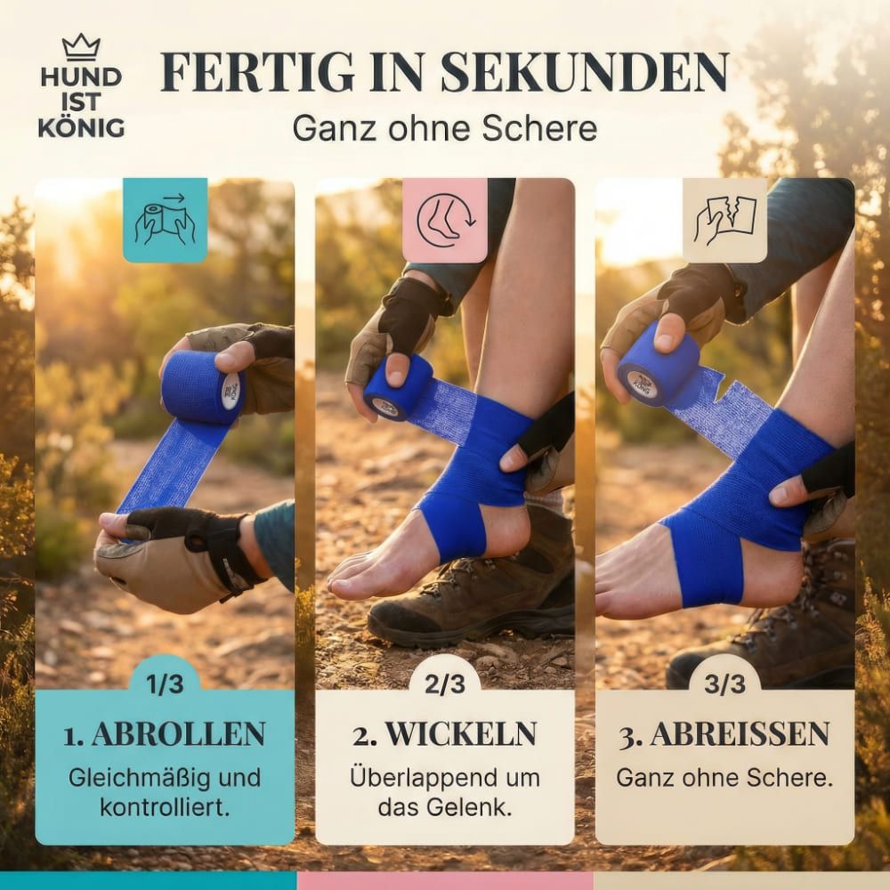 Anleitung zur Anwendung der selbstklebenden Bandage. 3 Schritte: Abrollen, Wickeln, Abreißen. Text: Fertig in Sekunden, ganz ohne Schere.