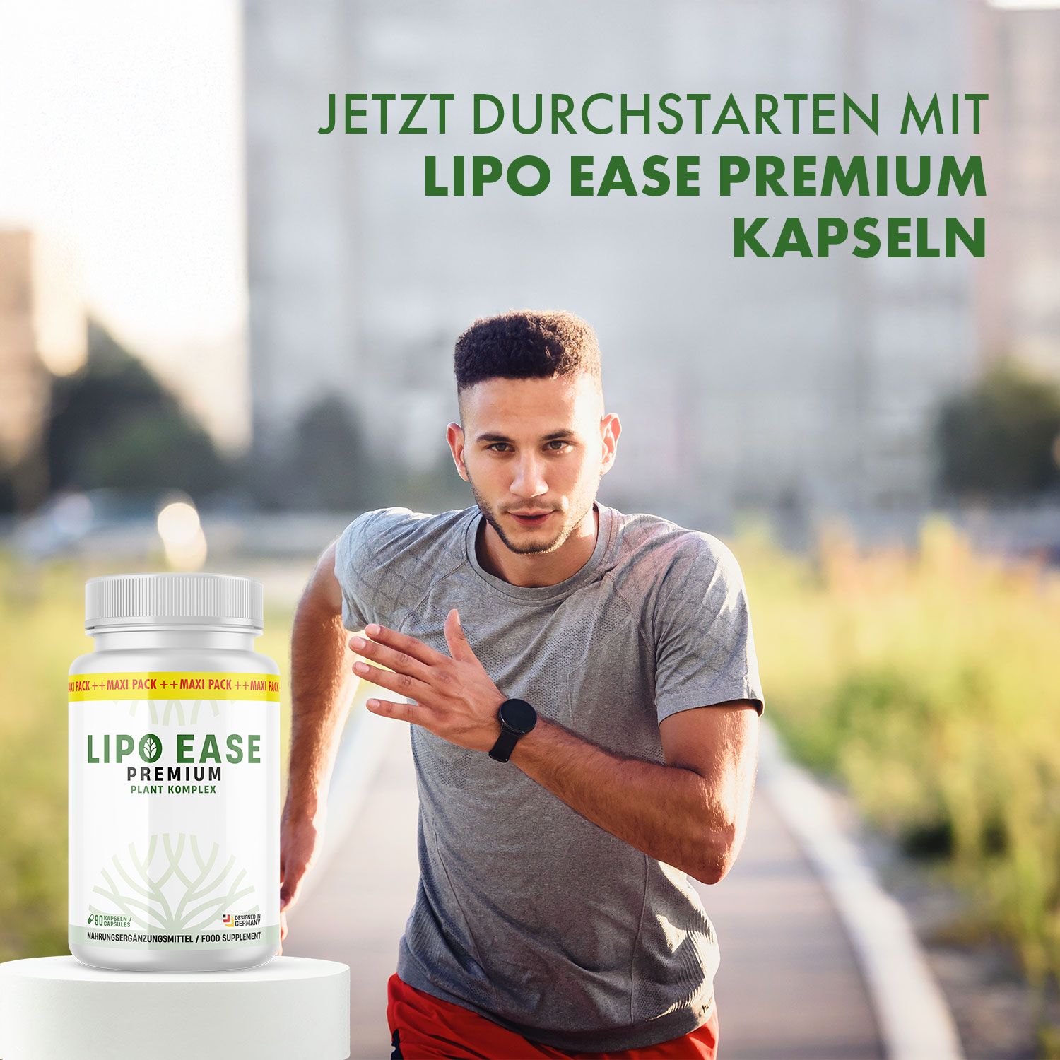 Mann läuft. Neben ihm steht eine Flasche mit gelbem Etikett. Aufschrift: LIPO EASE PREMIUM KAPSELN. Text: JETZT DURCHSTARTEN MIT.