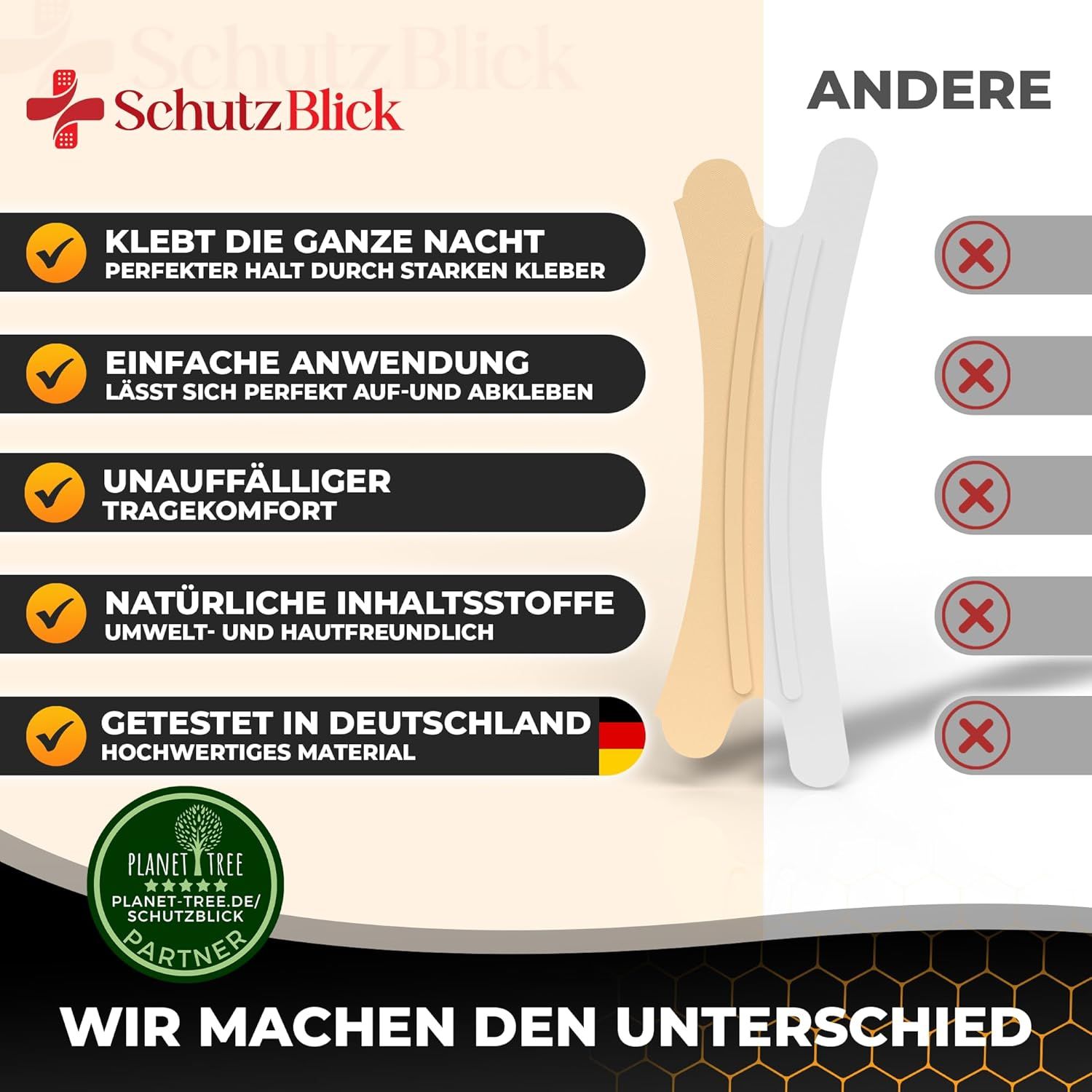 Nasenpflaster, beige und weiß, mit Produktinformationen. Logos: SchutzBlick, Planet Tree. Text: Getestet in Deutschland, Umwelt- und hautfreundlich.