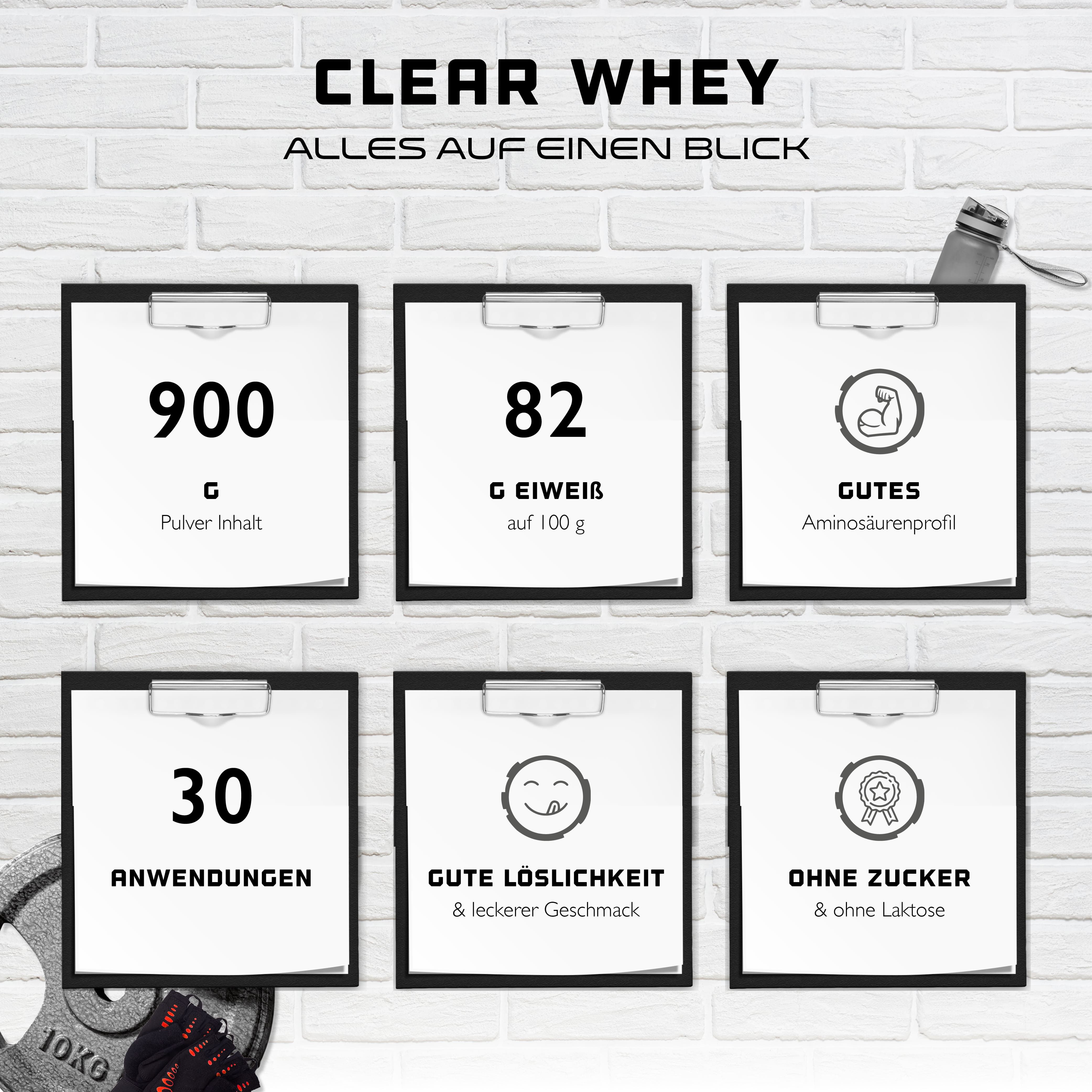 Infografik zu Clear Whey. Enthält Informationen zu 900g Pulver, 82g Eiweiß pro 100g, Aminosäurenprofil, 30 Anwendungen, guter Löslichkeit, ohne Zucker & Laktose.