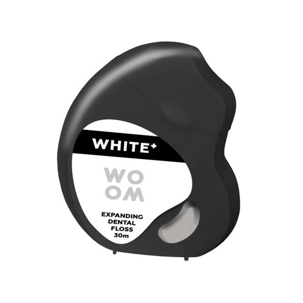Schwarze Zahnseide-Spender. "WHITE+" und "WOOM" Schriftzug. "EXPANDING DENTAL FLOSS 30m".