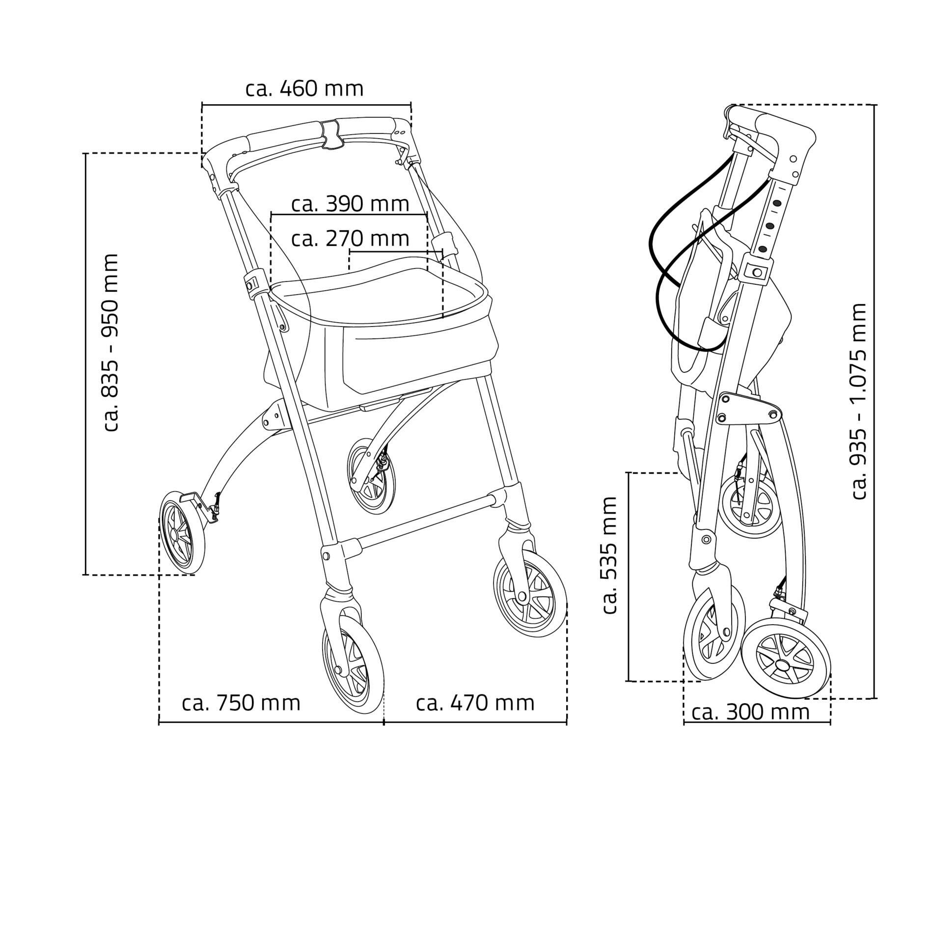 Rollator-Maße: ca. 835-950 mm Höhe, 750 mm Breite, 470 mm Tiefe. Gefaltet: 935-1075 mm Höhe, 300 mm Tiefe.