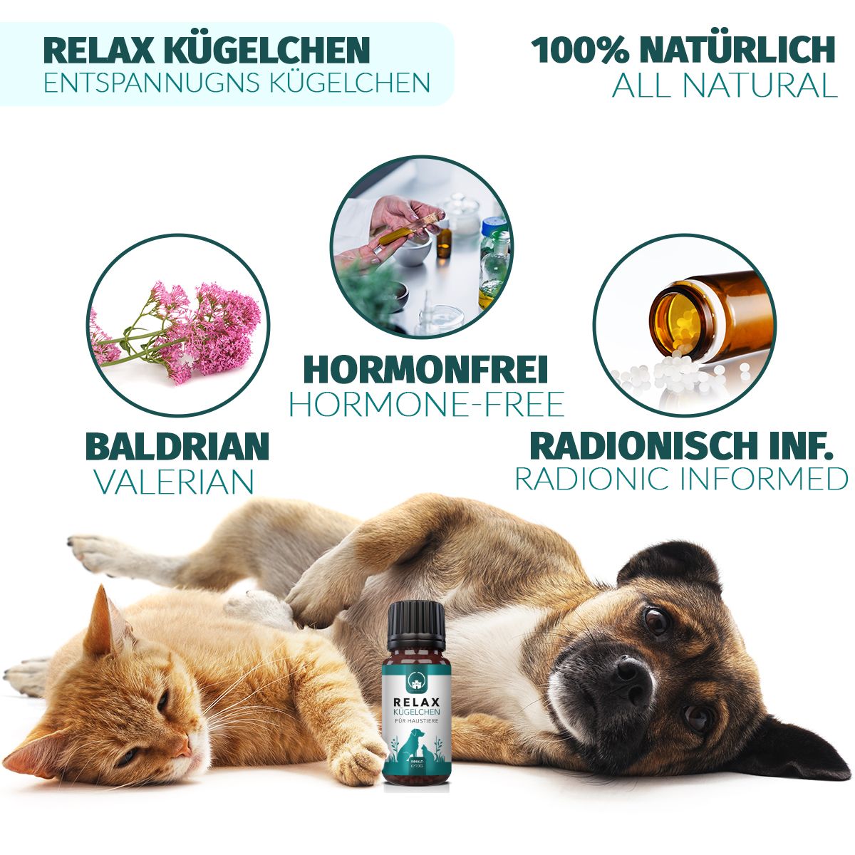 Bild mit Text: RELAX KÜGELCHEN, 100% NATÜRLICH. Szenen: Hund und Katze, Baldrian, hormonfrei, radionisch informiert. Produktflasche.