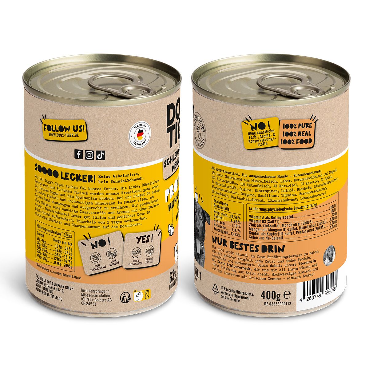 Zwei Dosen Hundefutter. Aufschrift: Dogs'n Tiger, Schlemmer-Menü, Huhn mit Ente, Apfel & Kartoffel. Rückseite mit Nährwertangaben.