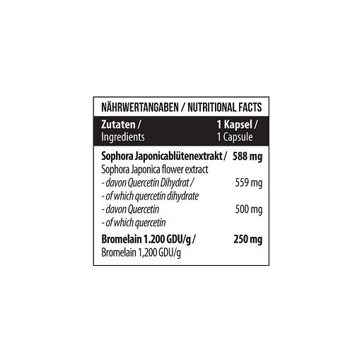 Nährwertangaben auf weißem Hintergrund. Zutaten: Sophora Japonica Blütenextrakt, Quercetin, Bromelain. 1 Kapsel.