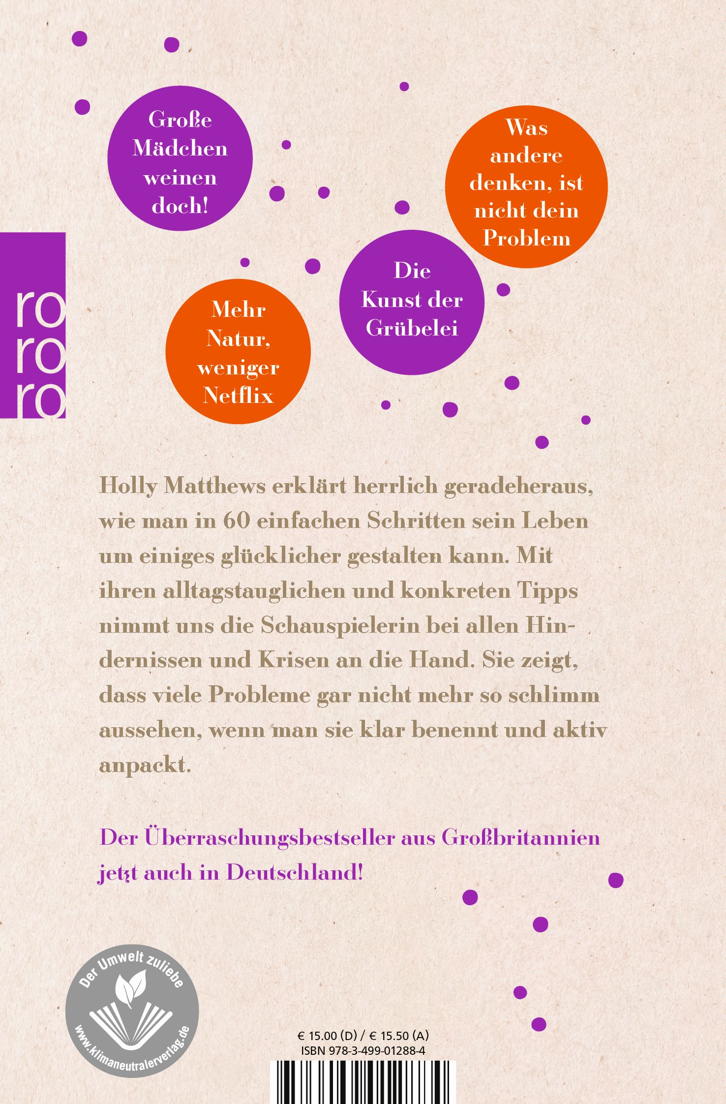 Buchrückseite mit Text und Logos. Titel: "Hinfallen ist auch ein Weg nach vorne". Autorin: Holly Matthews. Verlag: rororo. Umweltzeichen.
