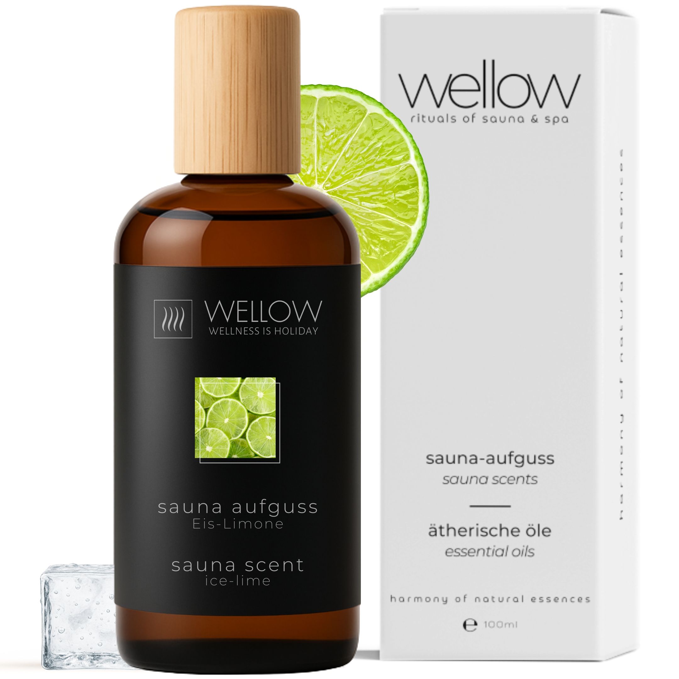 Braune Glasflasche mit Holzverschluss, schwarzem Etikett und Produktnamen. Daneben eine Schachtel mit Logo und Limettenscheibe.