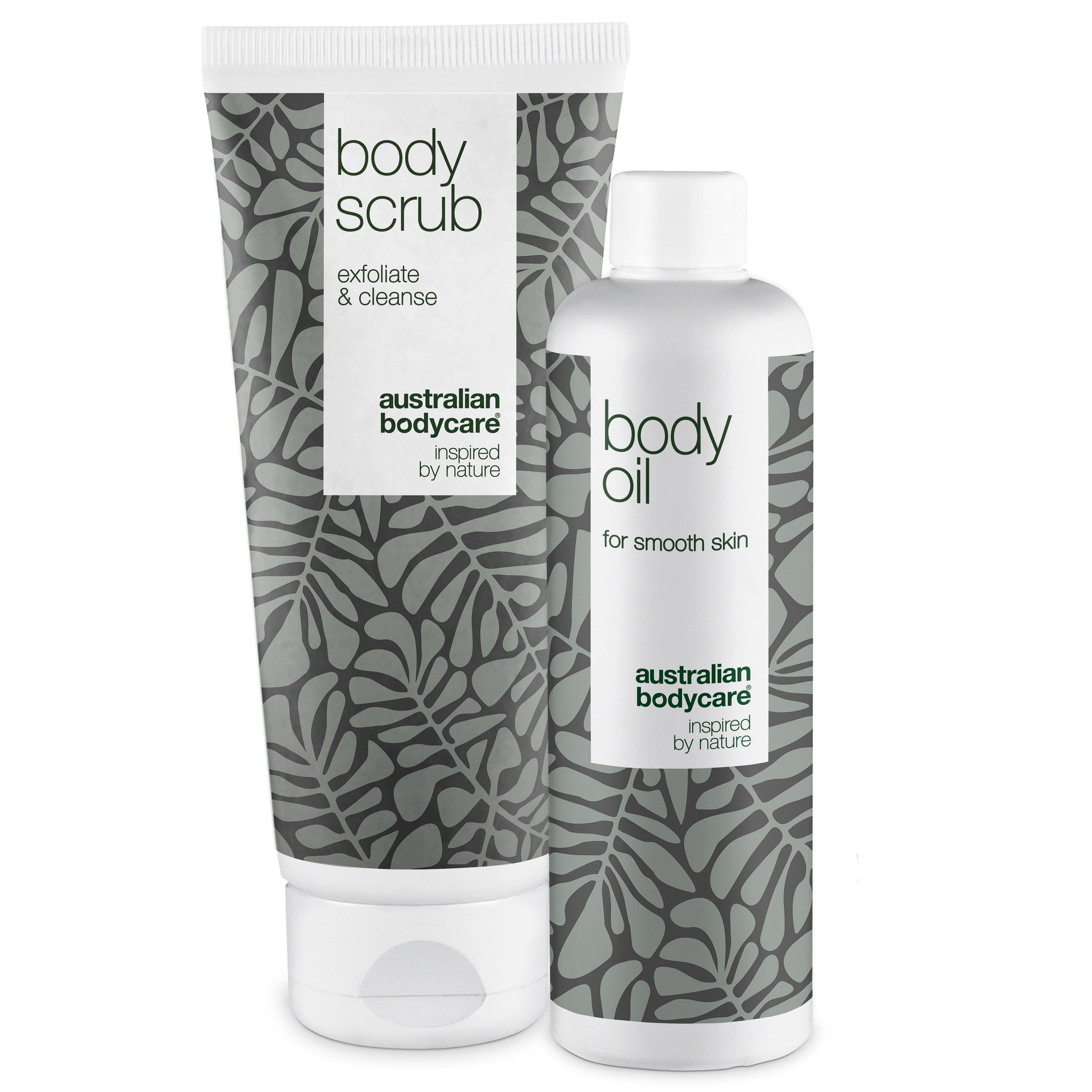 Zwei Produkte: Body Scrub und Body Oil. Beide in weißen Tuben/Flaschen mit grauen Blättern. Text: Australian Bodycare.