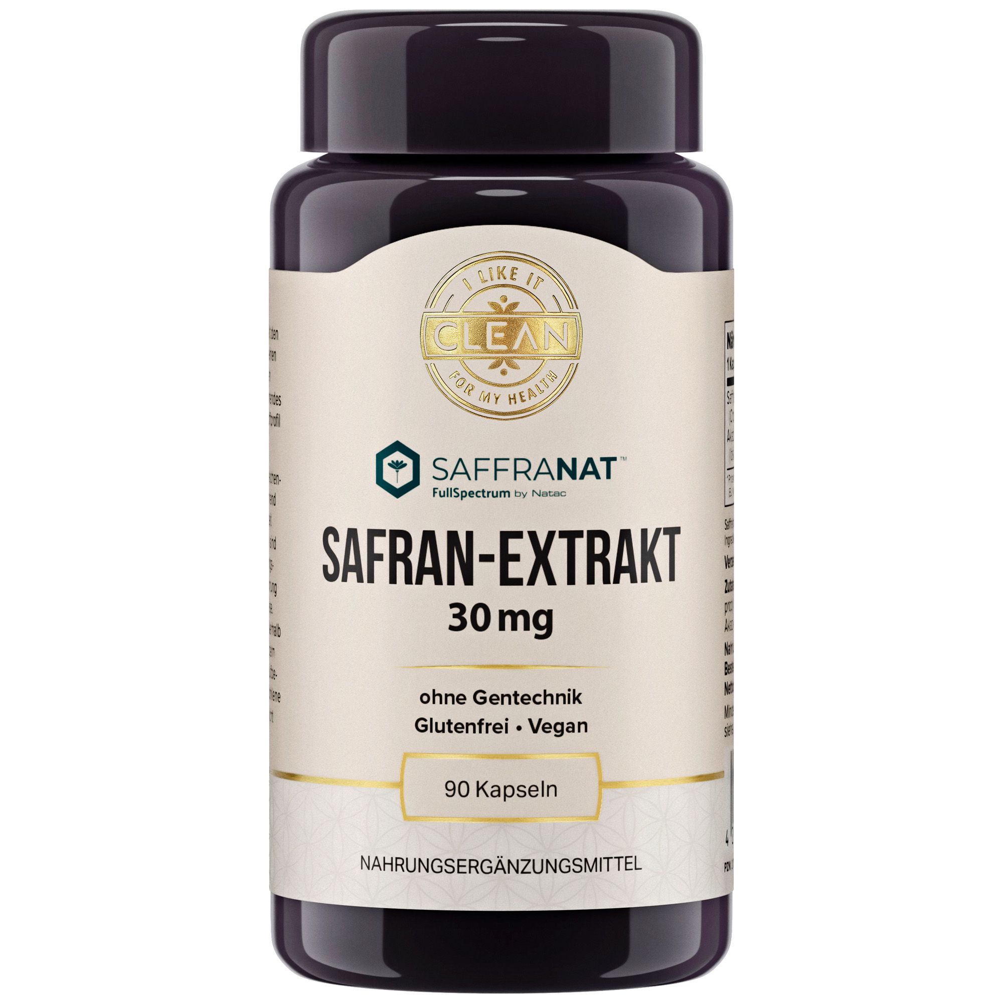 Braune Flasche mit Kapseln. Aufschrift: Safran-Extrakt 30 mg, 90 Kapseln. Ohne Gentechnik, glutenfrei, vegan. Nahrungsergänzungsmittel.
