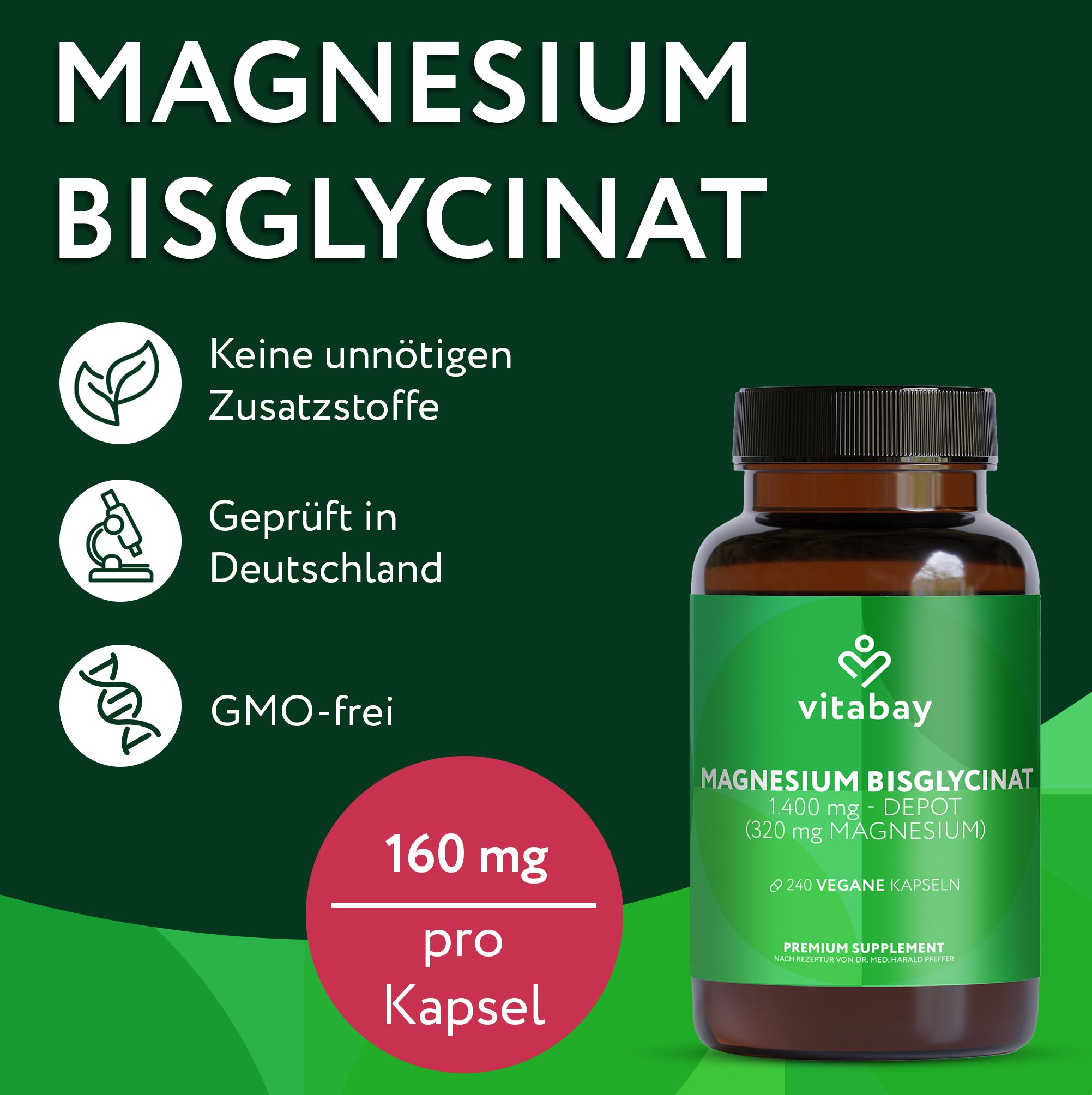 Vitabay Magnesium Bisglycinat Flasche. Geprüft in Deutschland, GMO-frei.