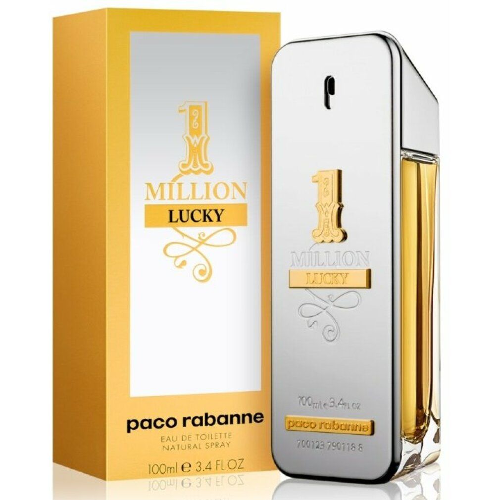 Goldfarbene Verpackung und silberne Flasche. Aufschrift: 1 Million Lucky. Unten: Paco Rabanne. 100ml.