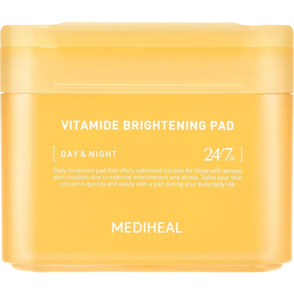Gelbe Dose mit der Aufschrift Vitamide Brightening Pad. Text: Day & Night, 24/7. Marke: MEDIHEAL.