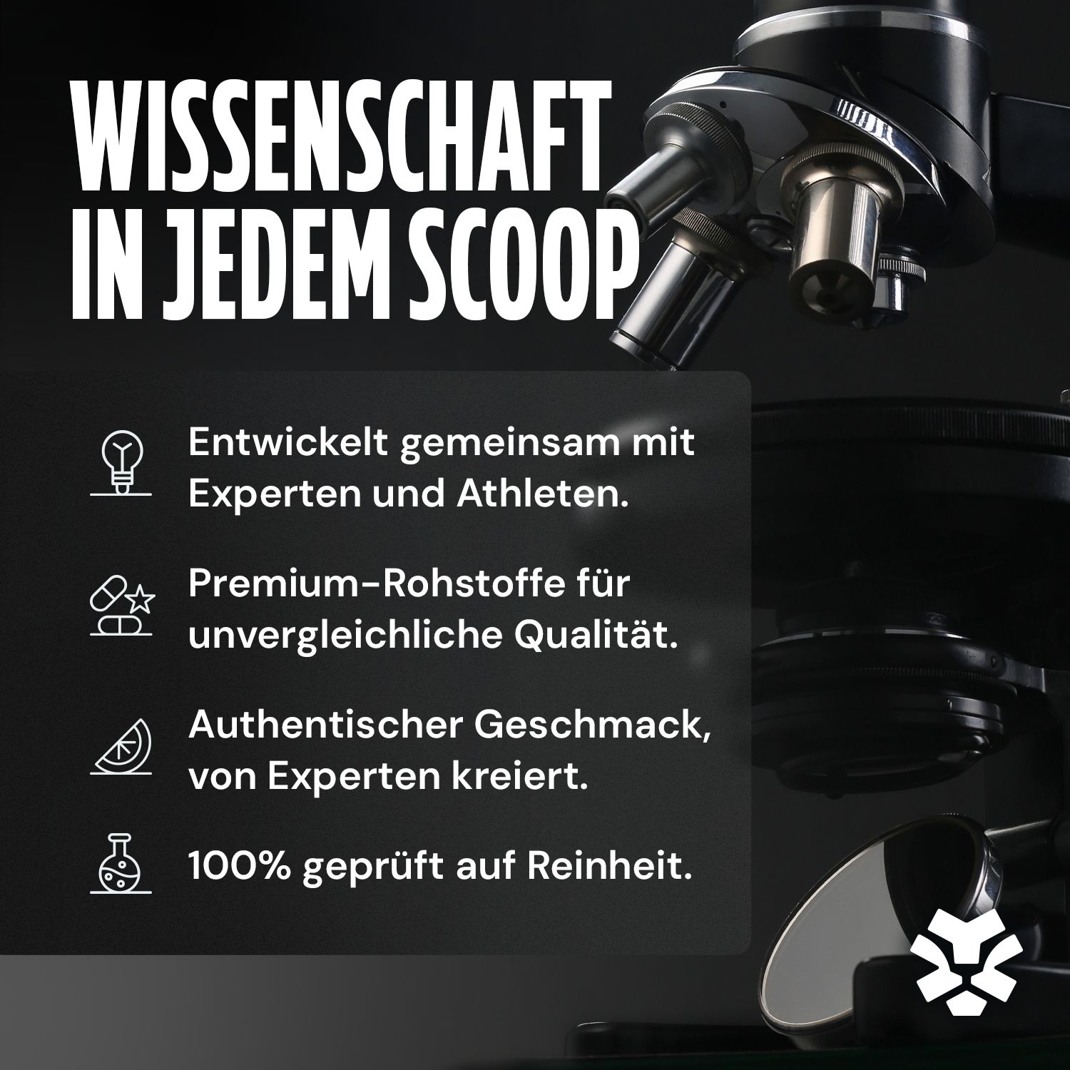 Text mit Überschrift: Wissenschaft in jedem Scoop. Textabschnitte über Qualität und Reinheit. Logo.