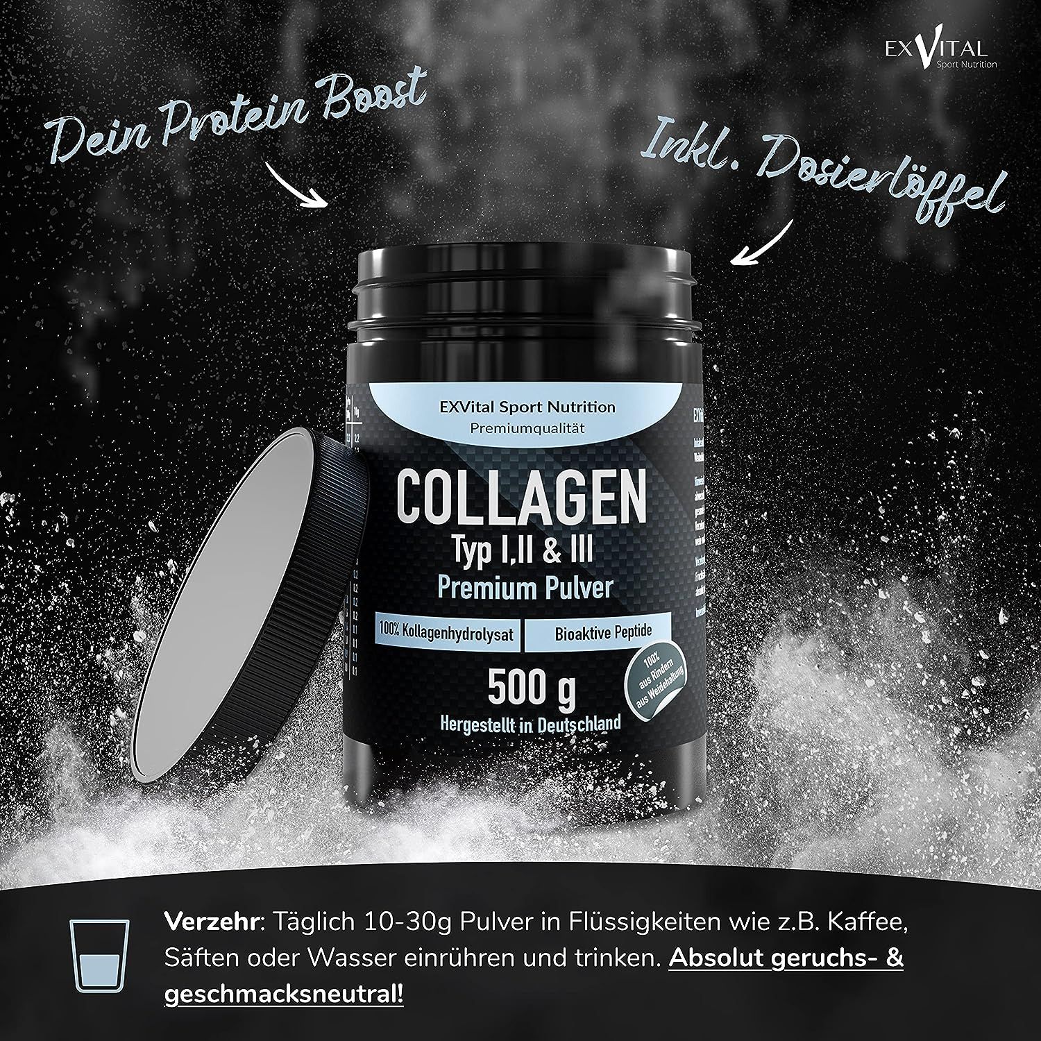 EXVital Collagen Pulver: 500g Dose mit Dosierlöffel, Protein Boost.