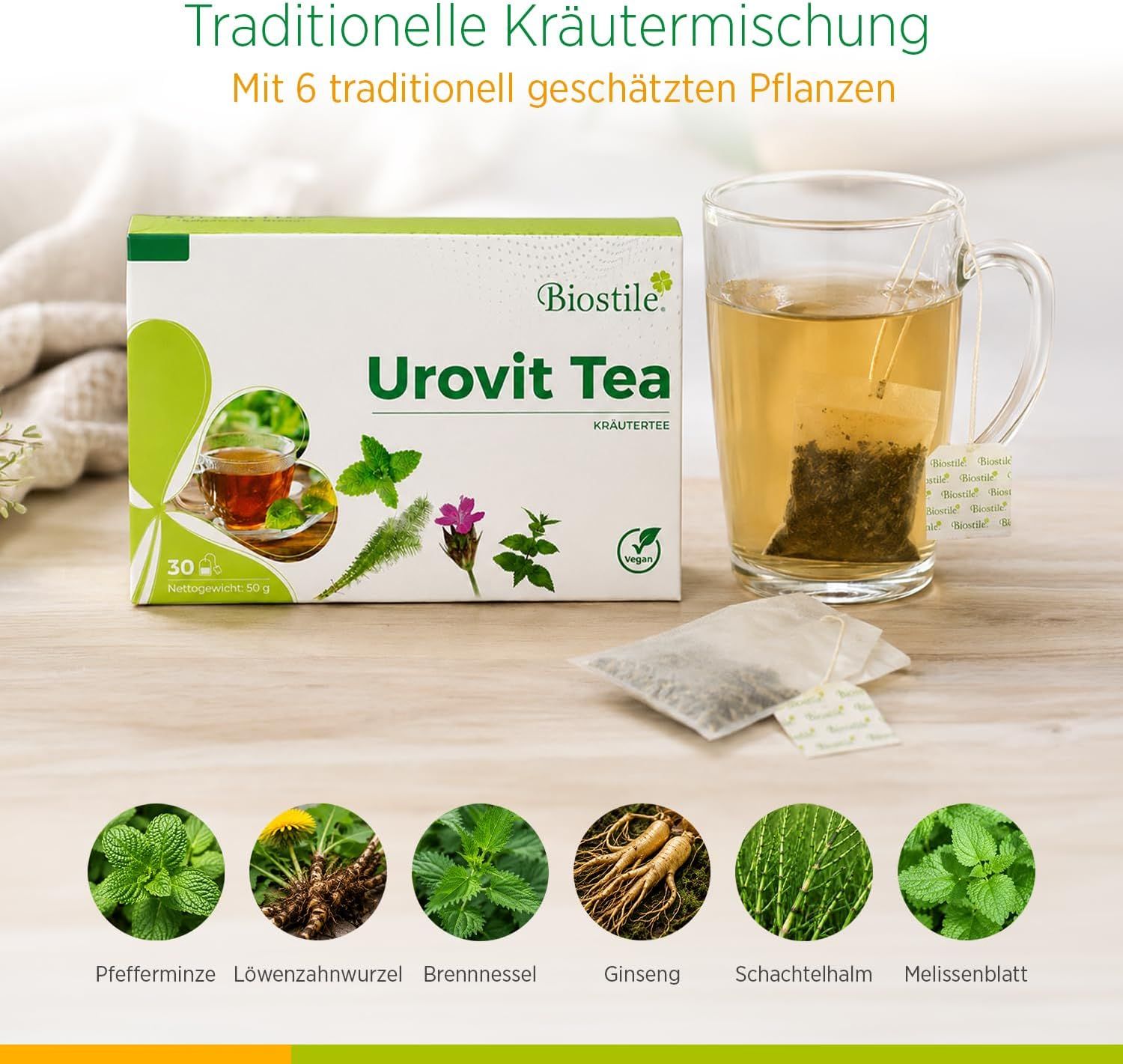 Biostile Urovit Tee Packung mit Kräutern, Tasse Tee und einzelnen Teebeuteln.