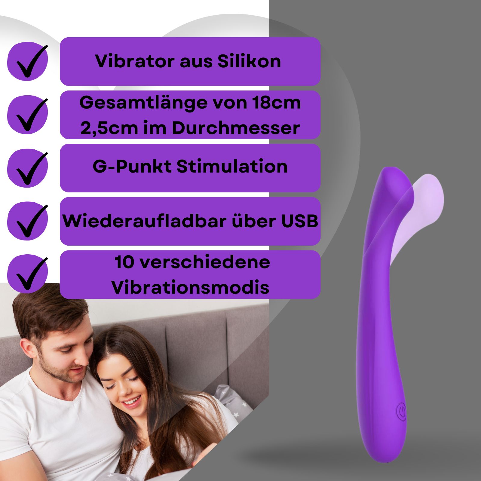 Lila Vibrator. Text mit Eigenschaften: Silikon, 18cm lang, 2,5cm Durchmesser, G-Punkt, USB, 10 Modi.