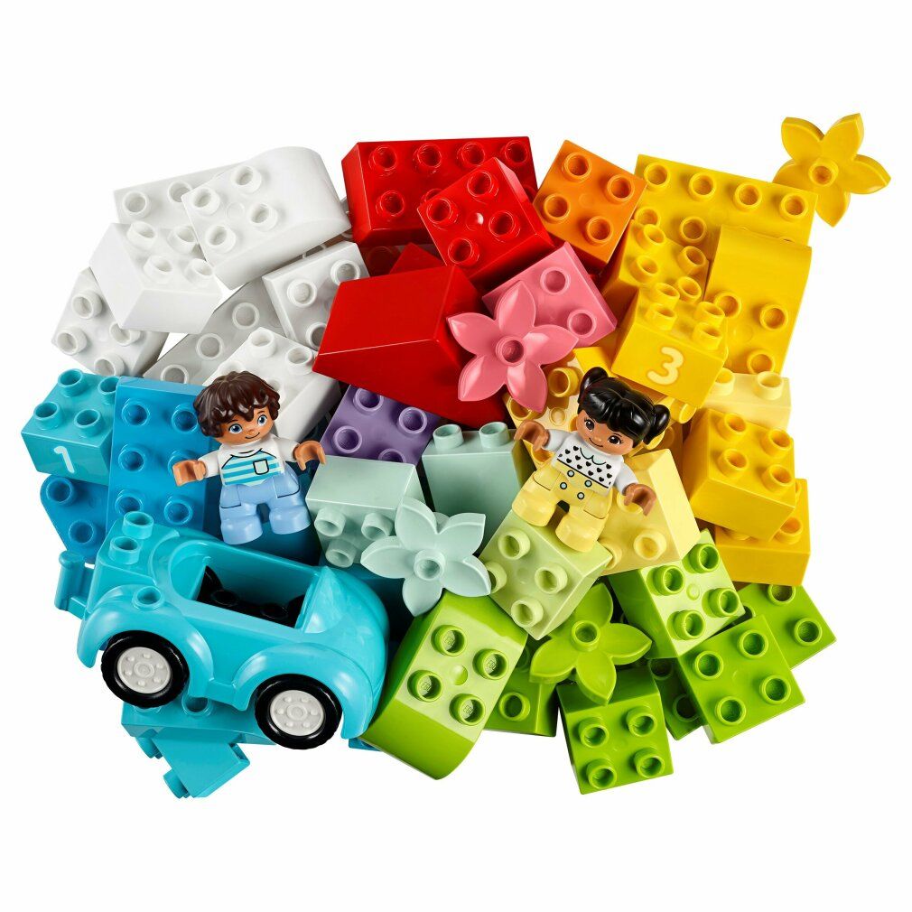Bunte LEGO Duplo Steine, Figuren und Auto. Verschiedene Farben und Formen. Altersempfehlung 1 1/2+.