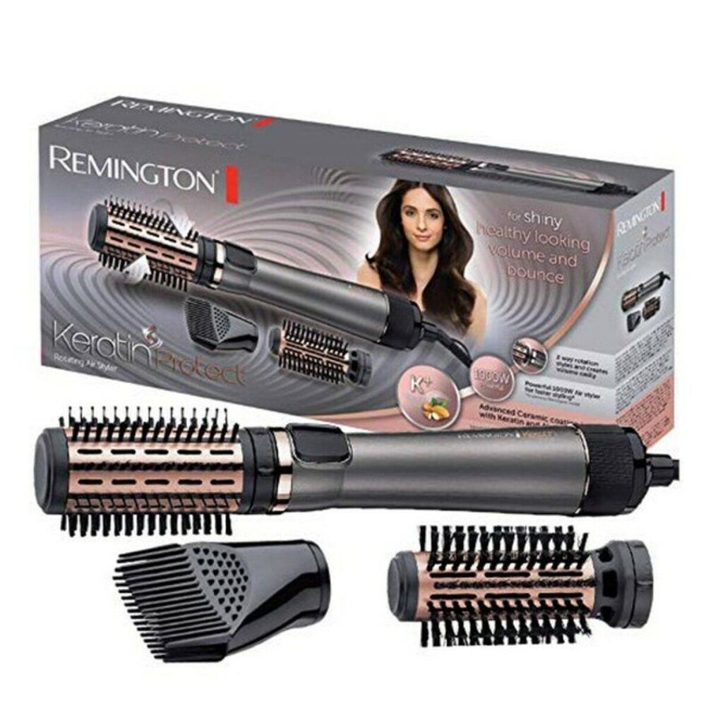 Verpackung der Haarstyling-Bürste. Produktabbildung, Produktname, Frau mit langen Haaren.