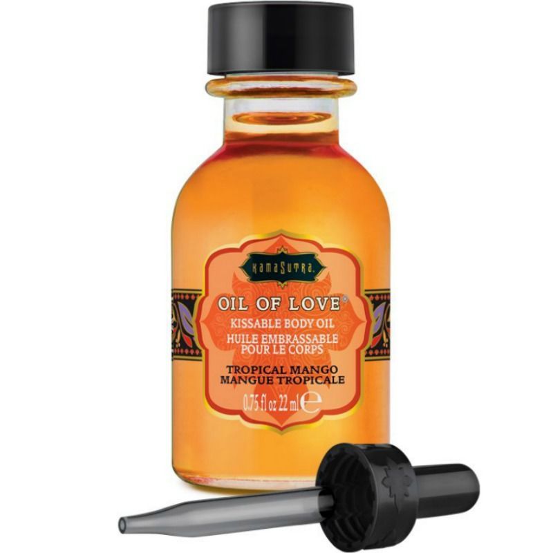 Kamasutra Oil of Love, Tropisch Mango. Flasche mit schwarzem Deckel und Pipette. Orangefarbene Flüssigkeit, Etikett mit Produktinformationen.