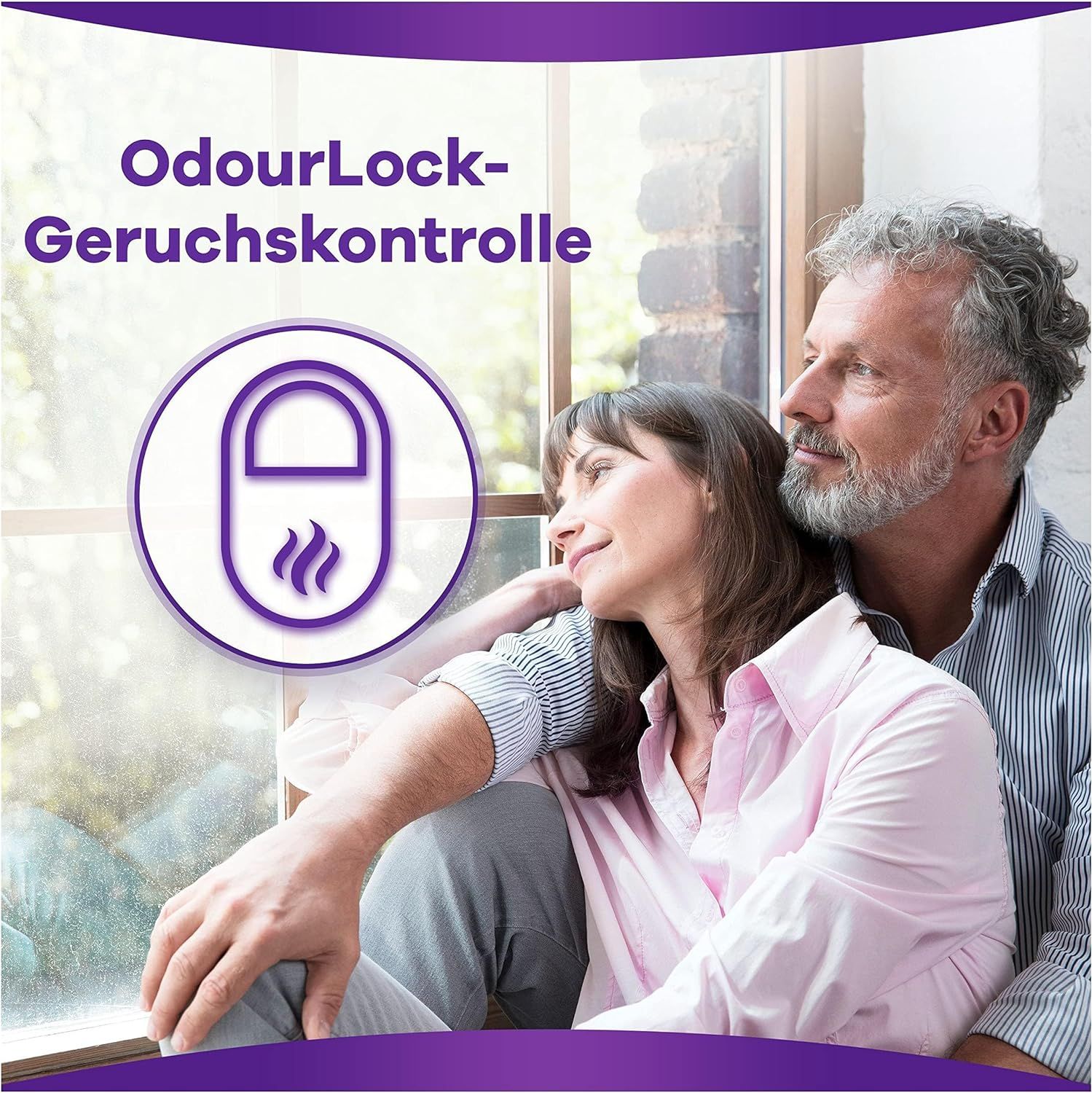 Paar am Fenster. Symbol für Geruchskontrolle. Text: OdourLock-Geruchskontrolle.