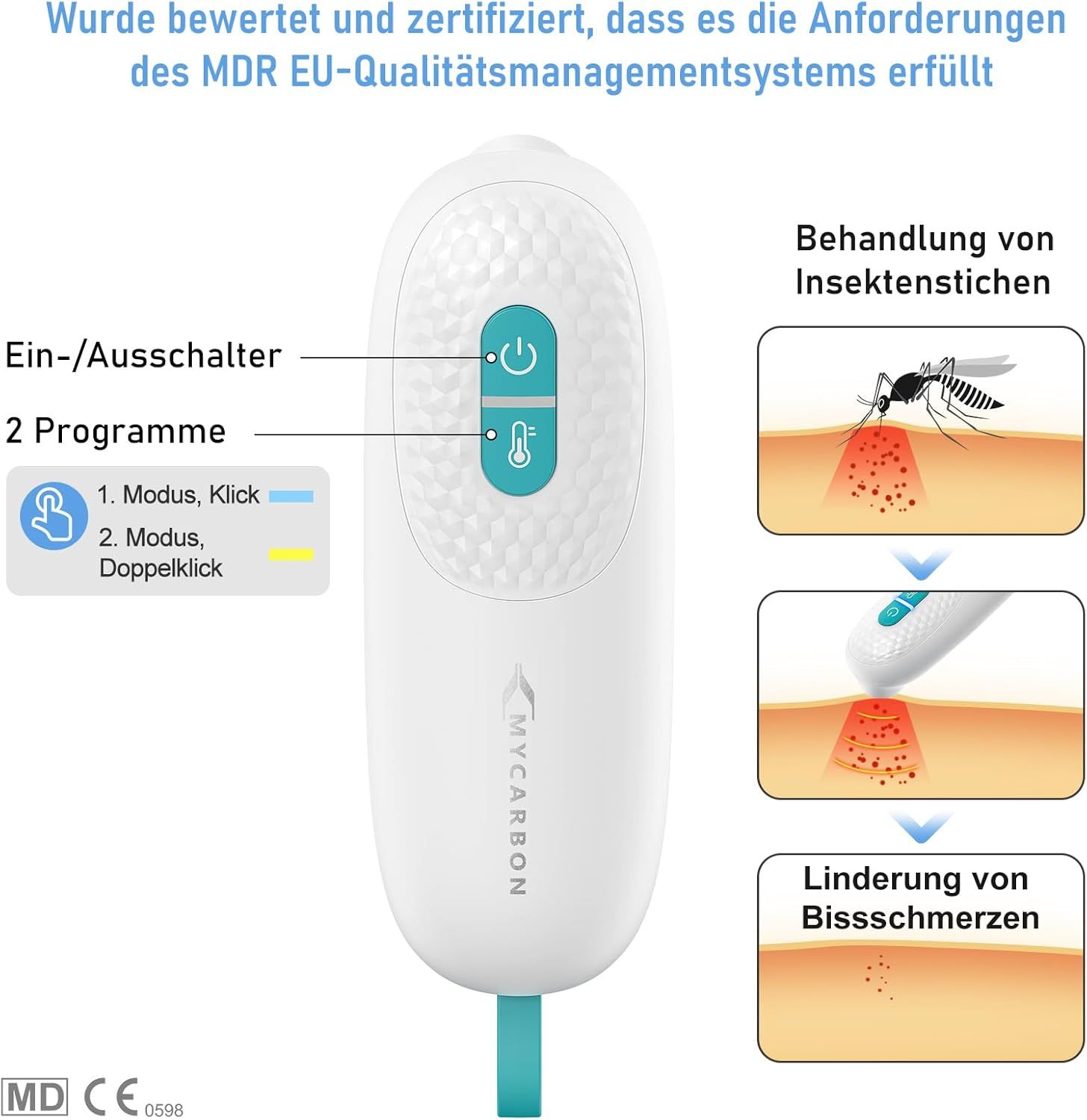 Weißes Gerät mit blauem Knopf und Schlaufe. Beschriftung: MYCARBON. Diagramm mit zwei Modi und Insektenstich-Illustrationen.