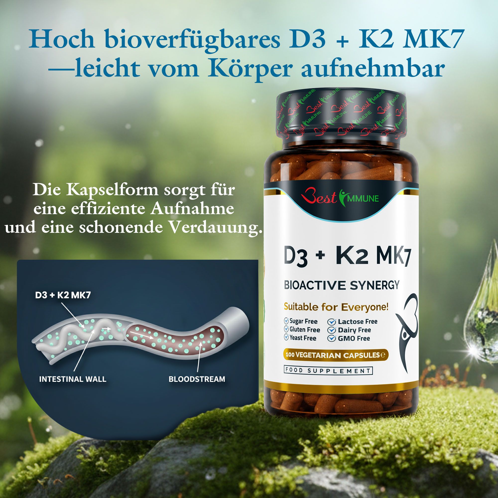 Flasche Best Immune D3 + K2 MK7 neben einer schematischen Darstellung der Aufnahme im Darm.