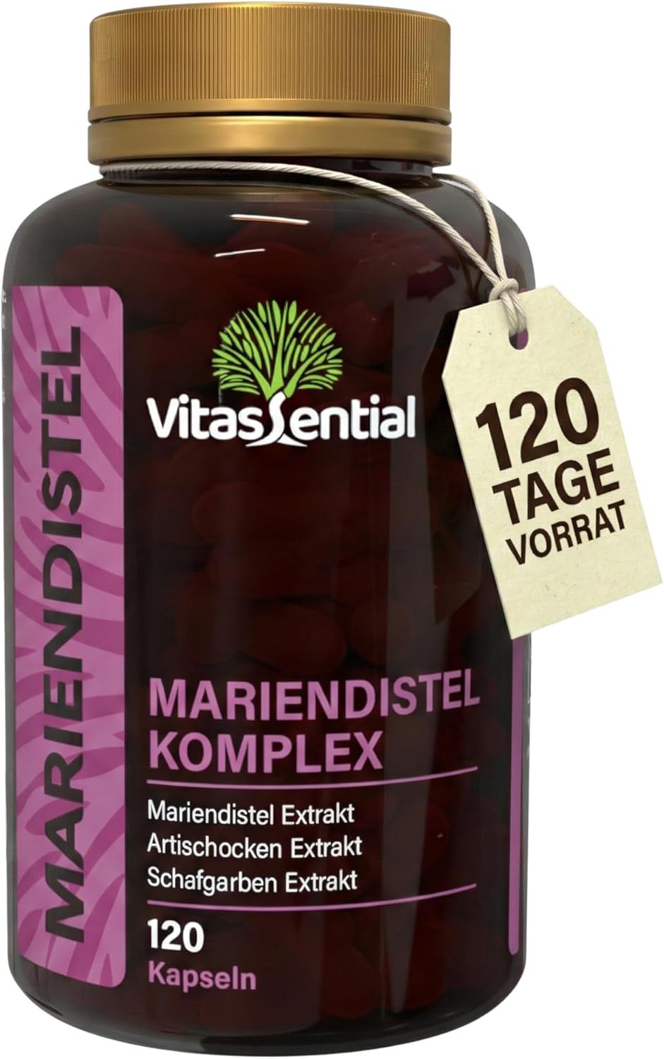Flasche mit Kapseln und Anhänger. Text: Mariendistel Komplex, 120 Kapseln. Logo: Vitassential.
