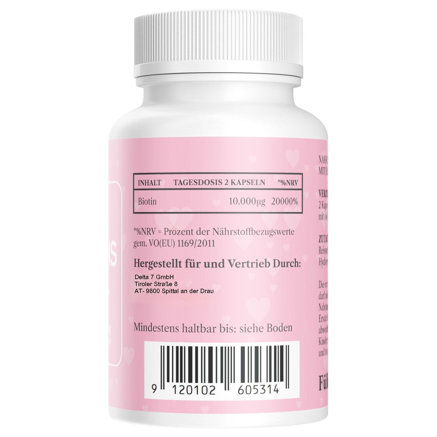 Rückseite der weißen Flasche mit rosa Etikett. Text: Tagesdosis 2 Kapseln, Inhaltsstoffe, Herstellerinformationen, Mindestens haltbar bis.