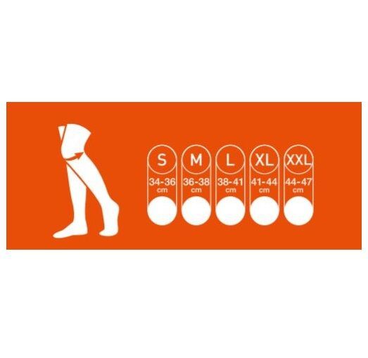 Orangefarbene Karte mit weißen Kreisen und Größenangaben (S, M, L, XL, XXL) und cm-Angaben.