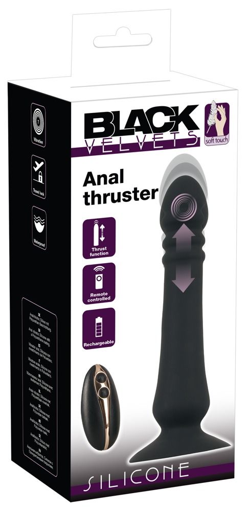 Schwarzer Anal Thruster in Verpackung. Marke: Black Velvets. Mit Fernbedienung und Ladefunktion. Aus Silikon.