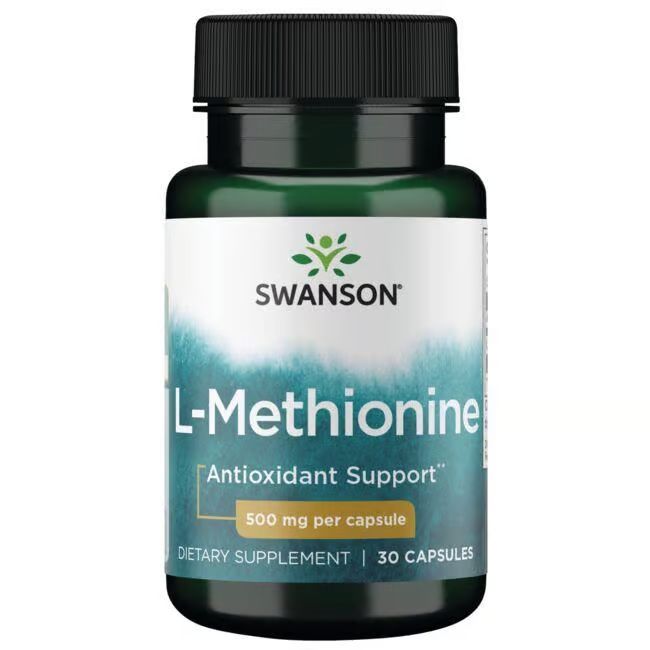 Grüne Flasche mit weißem Etikett. Aufschrift: SWANSON L-Methionin, 500 mg pro Kapsel. 30 Kapseln.