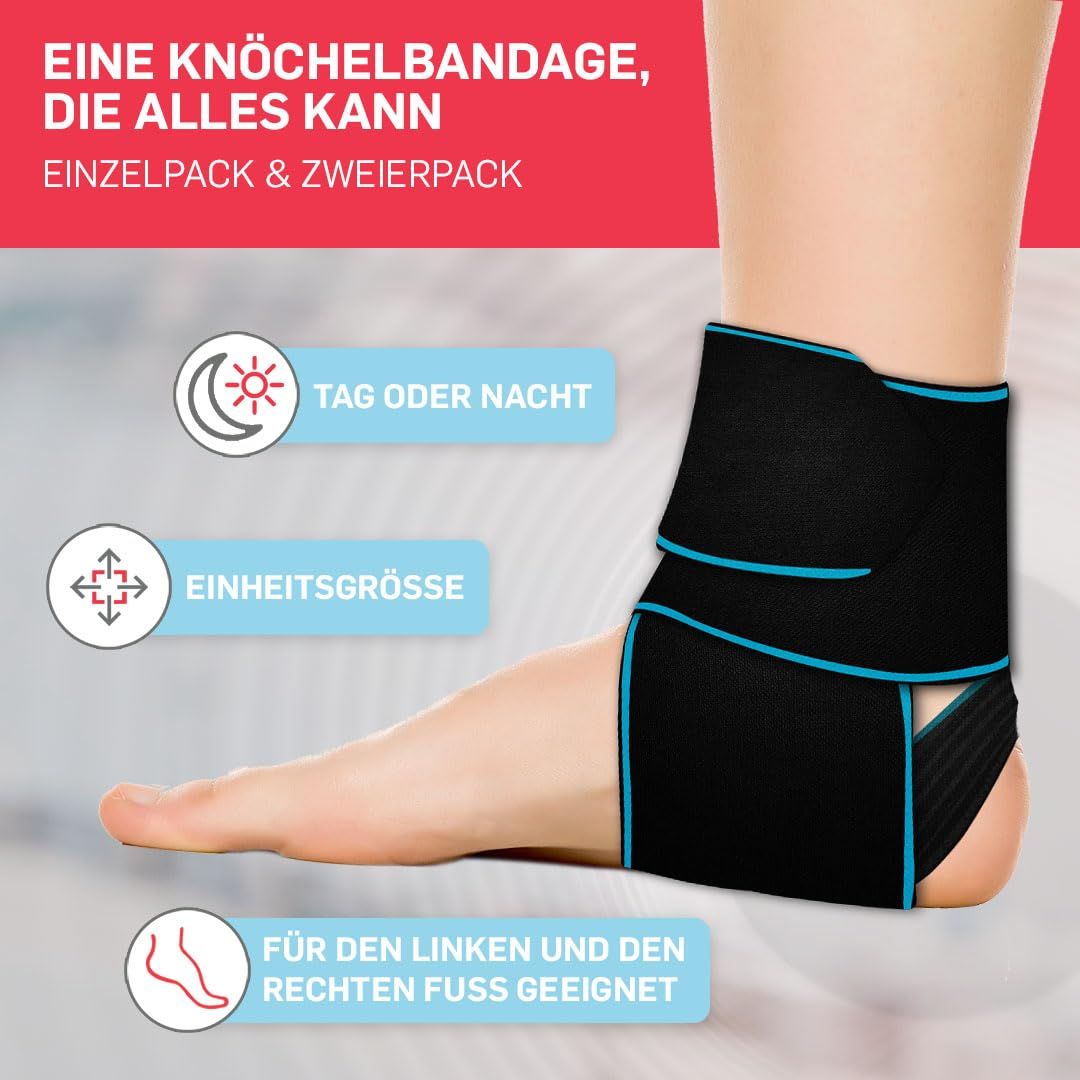 Schwarze Knöchelbandage mit blauen Akzenten, gezeigt an einem Fuß.