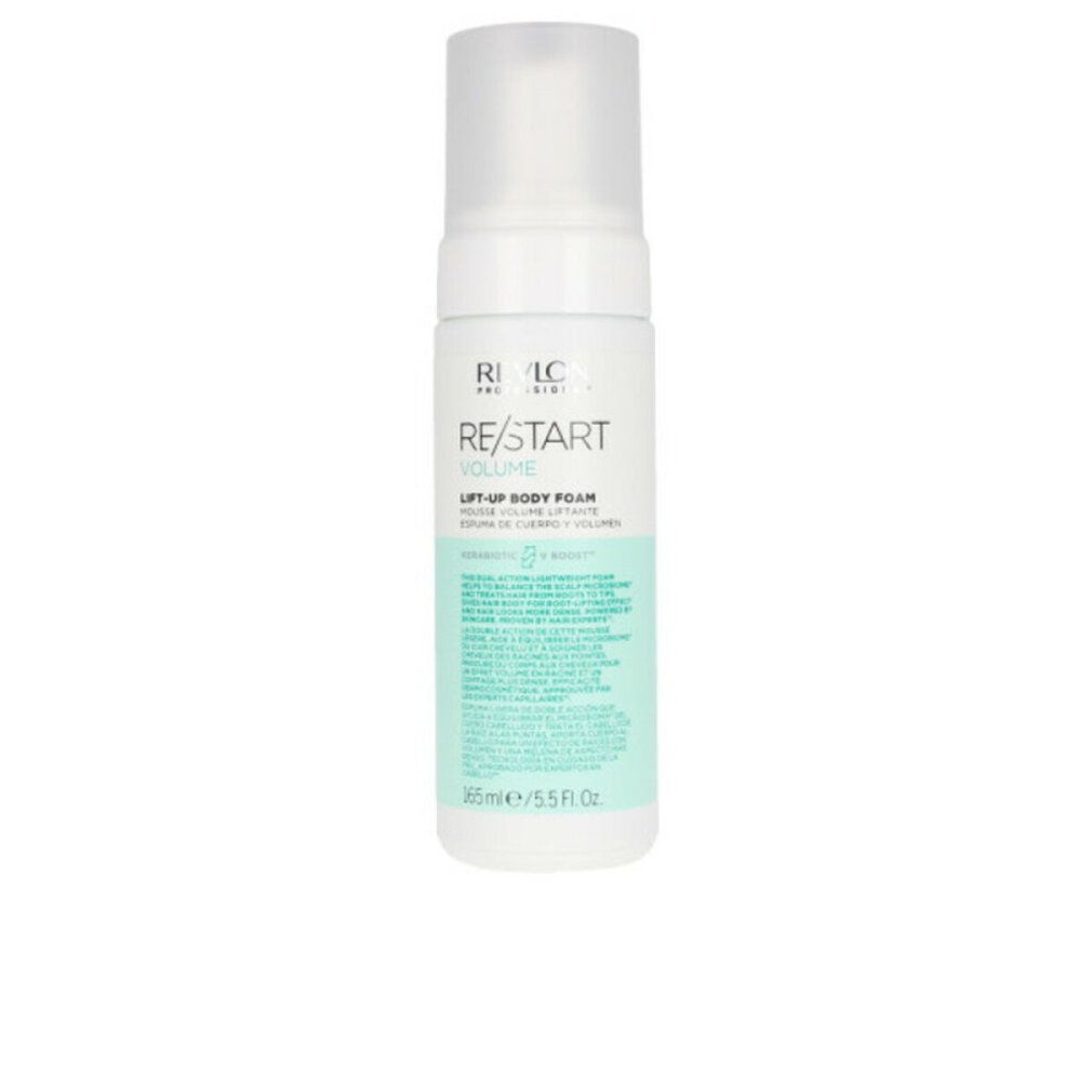 Weißes Produkt mit Sprühkopf. Aufschrift: RE/START VOLUME, LIFT-UP BODY FOAM. 165 ml/5.5 Fl.Oz.