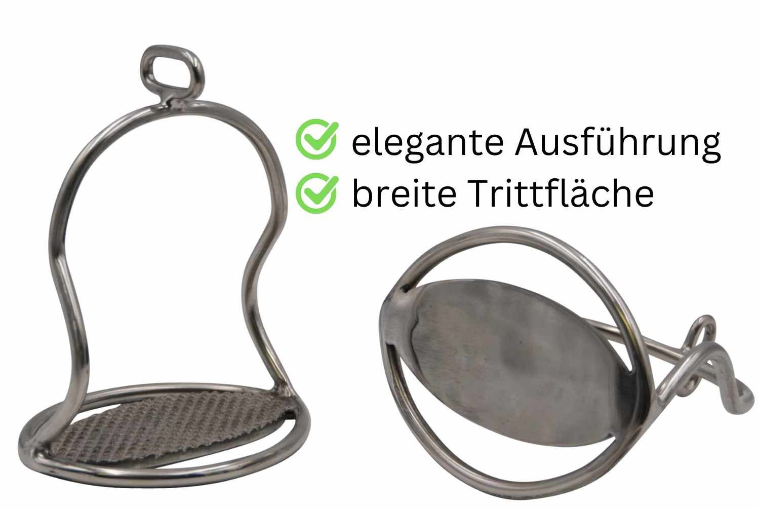 Ein Steigbügel aus Metall, daneben ein weiterer. Rechteckige Trittfläche mit Profil. Text: Elegante Ausführung, breite Trittfläche.