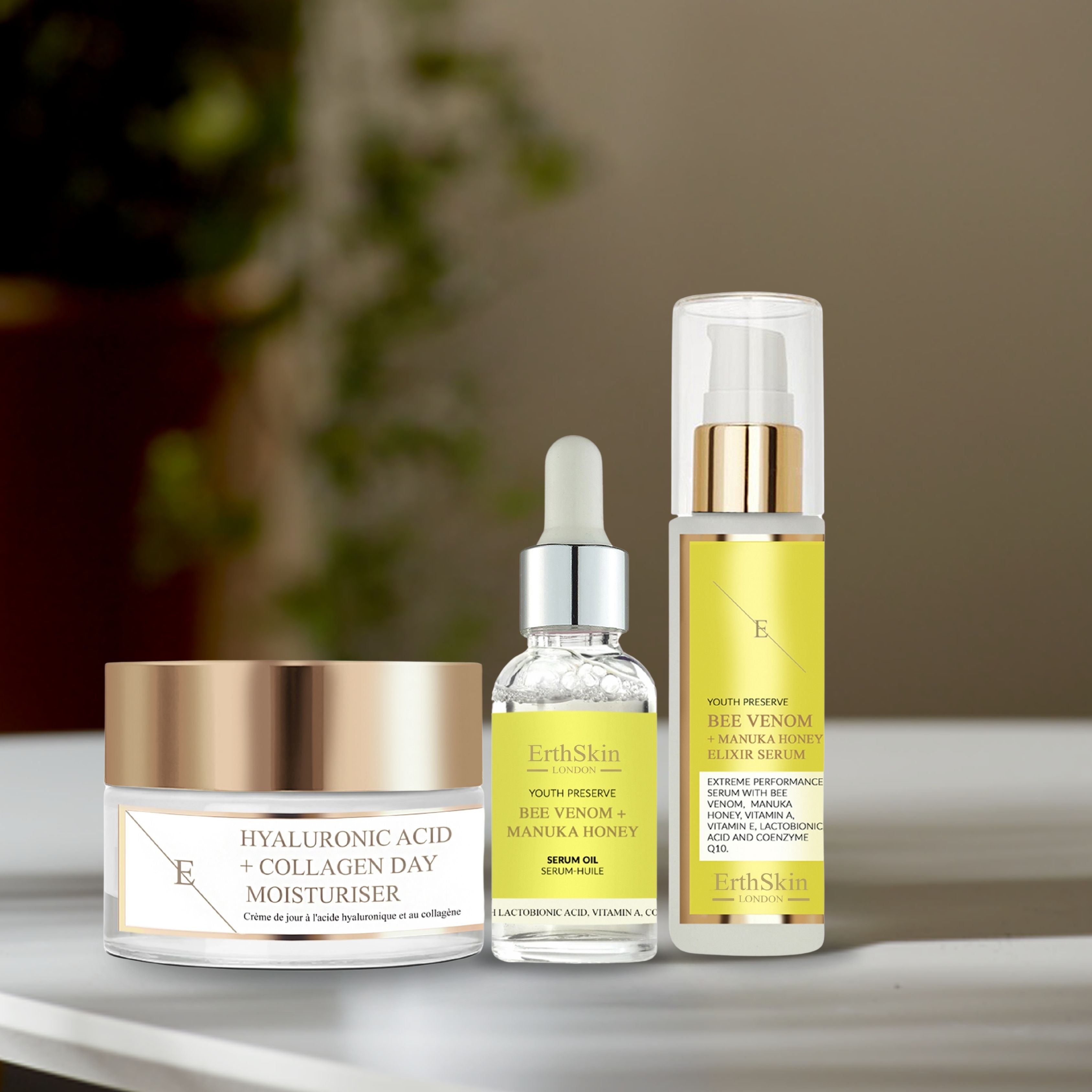 ErthSkin London Tagescreme mit Hyaluronsäure und Kollagen + Elixir-Serum + Serumöl