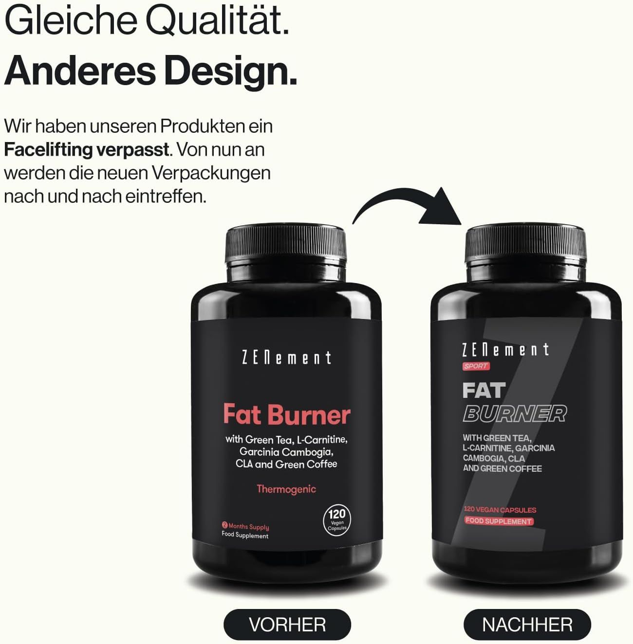 Vergleich von zwei Flaschen "Zenement Fettverbrenner". Links: Altes Design. Rechts: Neues Design. Aufschrift: FAT BURNER, 120 Kapseln.