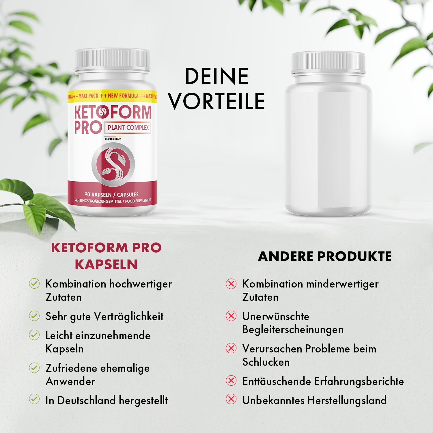 Zwei weiße Flaschen. Links: Ketoform Pro Kapseln. Rechts: Leere Flasche. Text: Deine Vorteile, Andere Produkte. Auflistung von Vor- und Nachteilen.