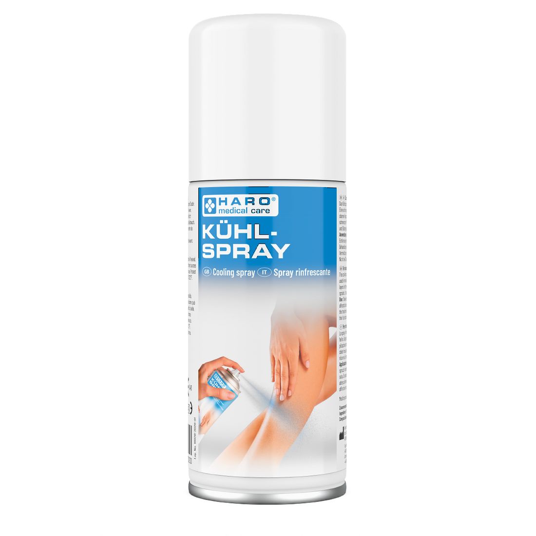 Haro Kühlspray-Dose. Weißer Deckel, blauer Mittelteil mit Produktnamen und Abbildung einer Anwendung. Kühlungsspray.