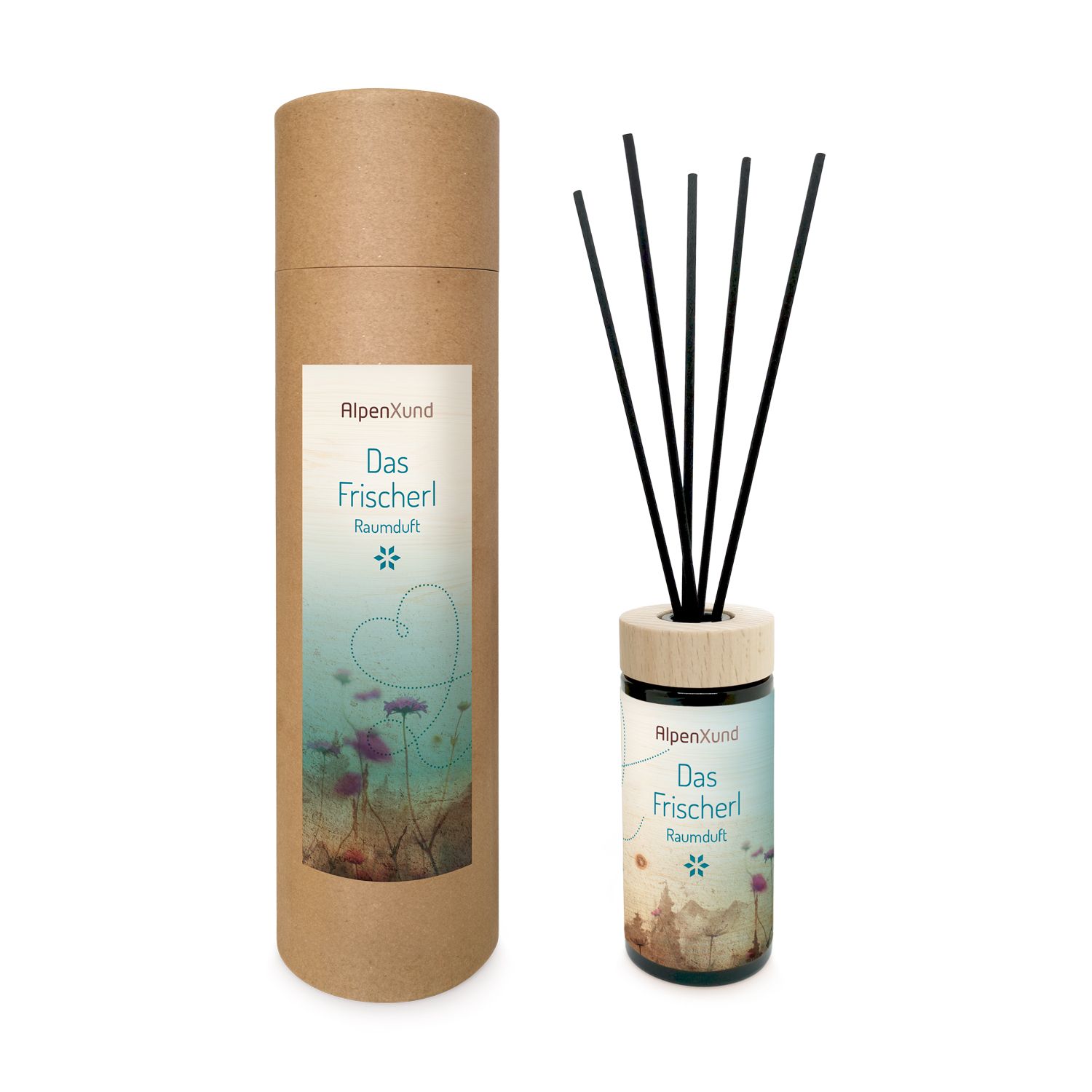 Flasche mit Stäbchen und zylindrischer Verpackung. Produktname und Logo aufgedruckt.