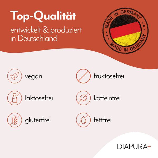 Text: Top-Qualität, entwickelt & produziert in Deutschland. Logos: vegan, laktosefrei, glutenfrei, fruktosefrei, koffeinfrei, fettfrei. Made in Germany.