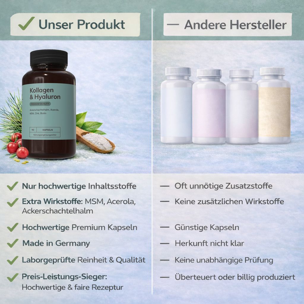 Vergleich: Flasche mit Kapseln vs. andere Flaschen. Text: Hochwertige Inhaltsstoffe, Extra Wirkstoffe, Made in Germany.