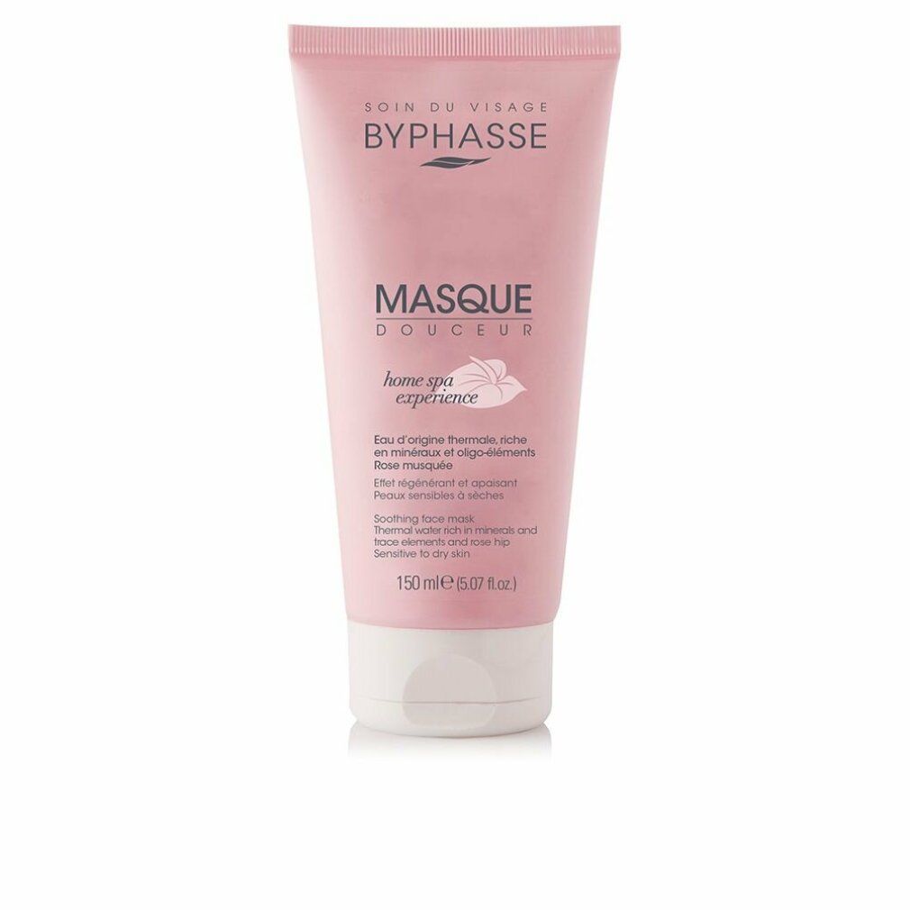 Rosa Tube mit weißem Deckel. Aufschrift: BYPHASSE, Masque Douceur FACE, home spa experience. Text in Französisch.