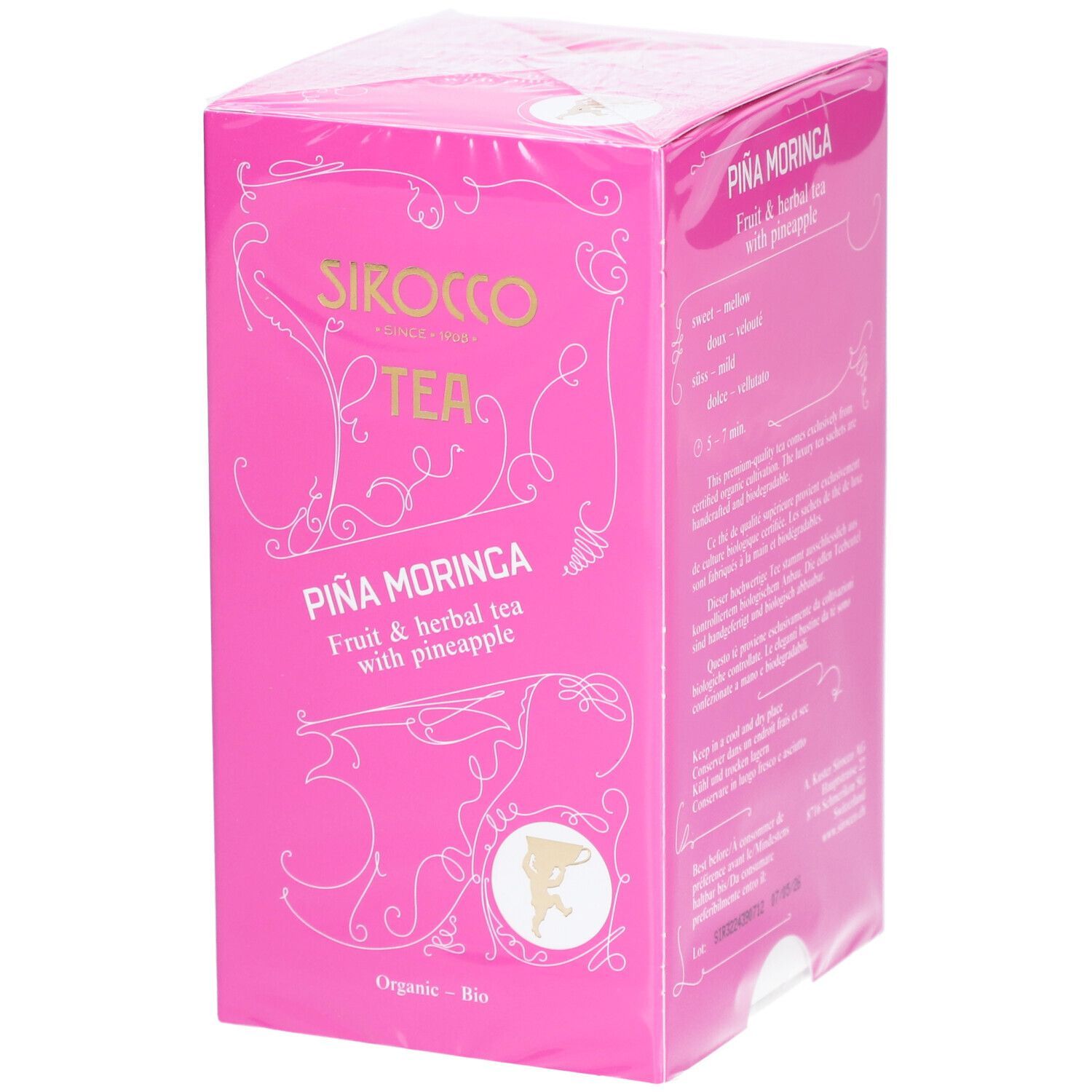 Rosa Verpackung mit "Sirocco Tea" und "Piña Moringa" Aufdruck. Frucht- und Kräutertee mit Ananas. Bio-Zertifizierung.