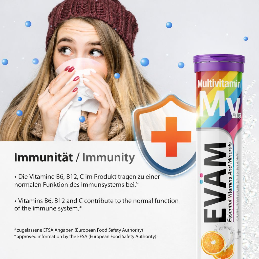 Frau mit Taschentuch. Brausetablette EVÄM. Text: Immunität/Immunity. Informationen zu Vitaminen B6, B12, C.