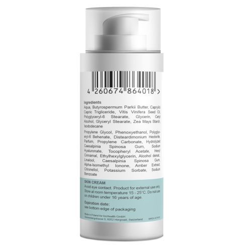 Rückseite der Creme-Flasche mit Zutatenliste und Barcode. Textabschnitte und Barcode.
